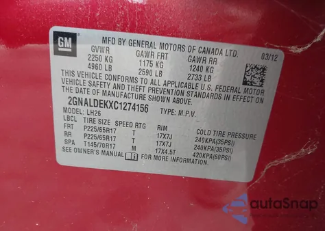 2012 Chevrolet Equinox 1Lt из США, поврежденный, VIN 2GNALDEKXC1274156